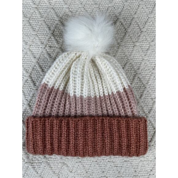 LC Lauren Conrad Beanie Toque Women Color Blocking Knit 100% Acrylic Pom - Picture 1 of 7